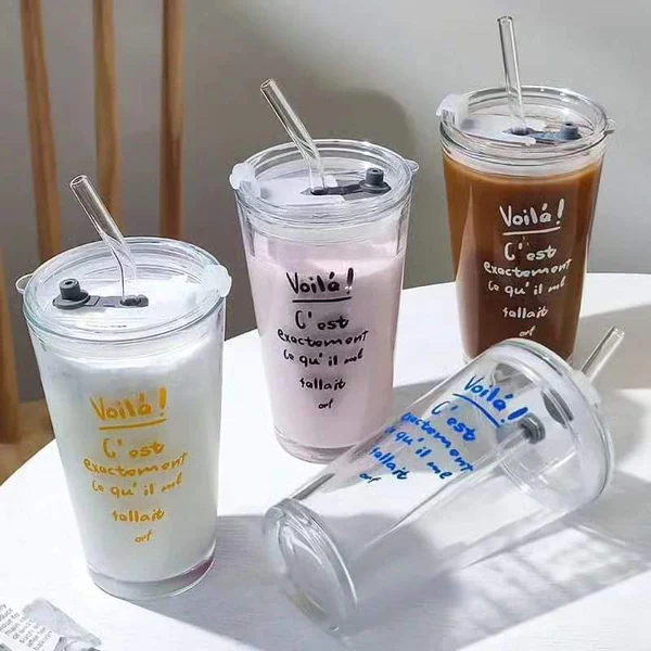 Round Transparent Borosilicate Drinking Glass Cup/Tumbler with lid + Straw - Image 3