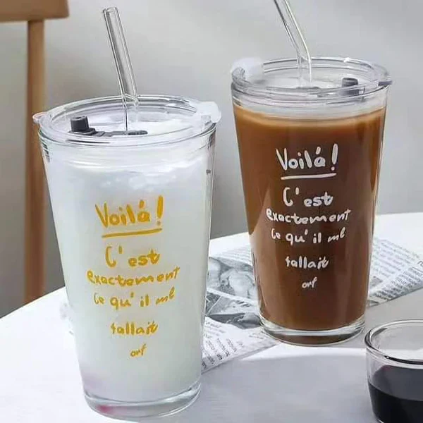 Round Transparent Borosilicate Drinking Glass Cup/Tumbler with lid + Straw - Image 5