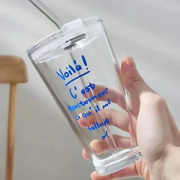 Round Transparent Borosilicate Drinking Glass Cup/Tumbler with lid + Straw - Image 8