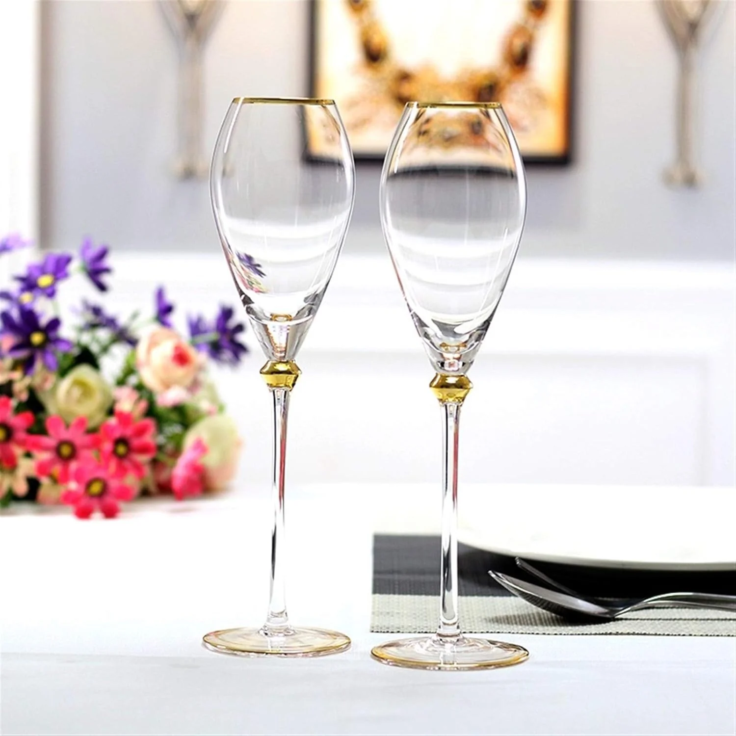 Royal Goblet Glasses High-End Gold Traced Red Glass Champagne and Wine Glass 6pcs Set - Image 3