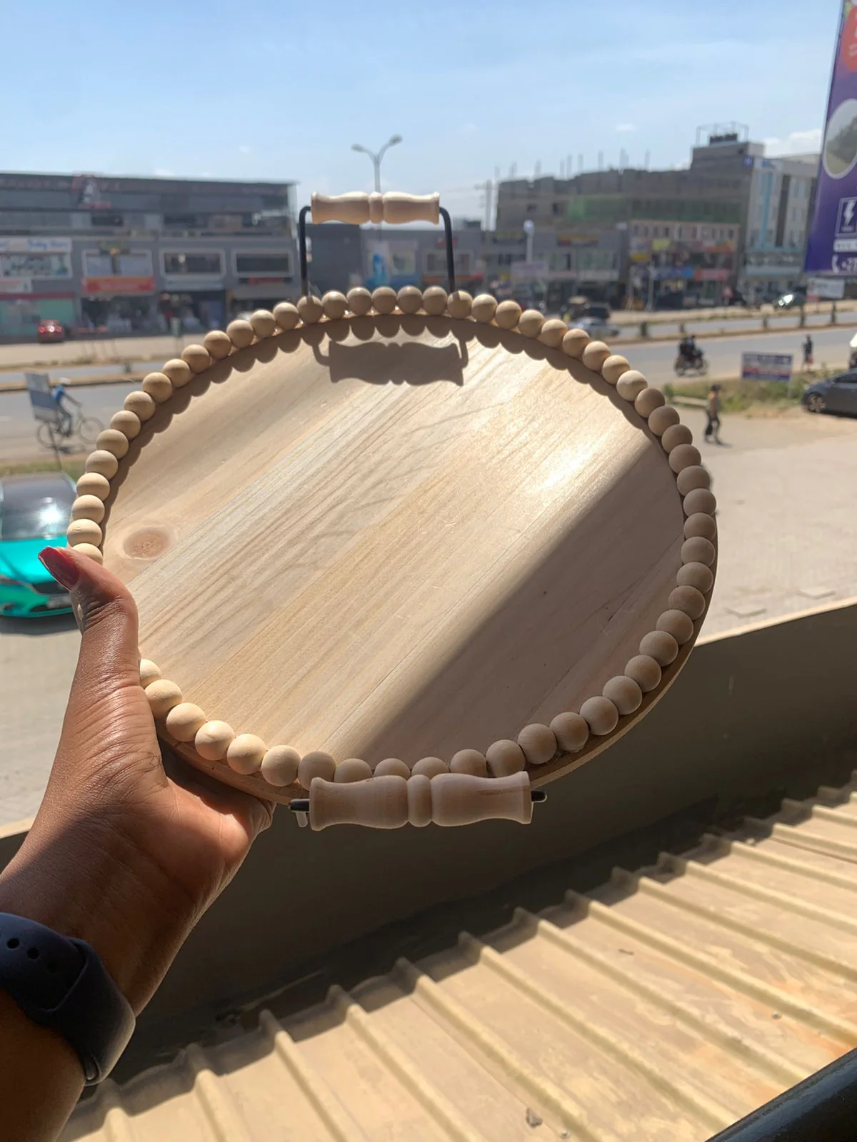 Rustic Wooden Round Beaded Tray - Image 2