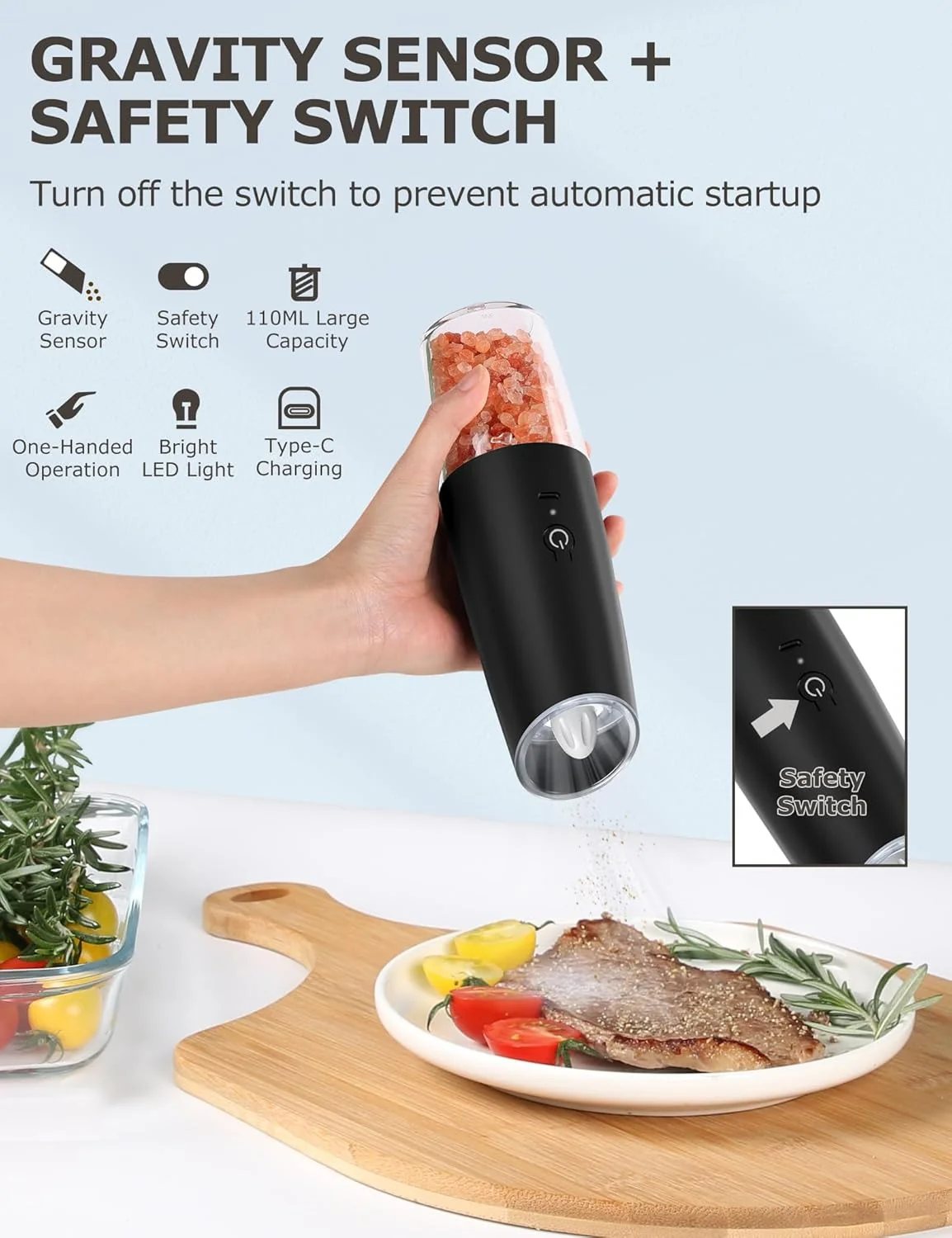 Salt or Pepper Grinder Gravity Electric Salt Grinder Rechageable Battery Powered Pepper Mill Adjustable Grinder Coarseness - Image 2