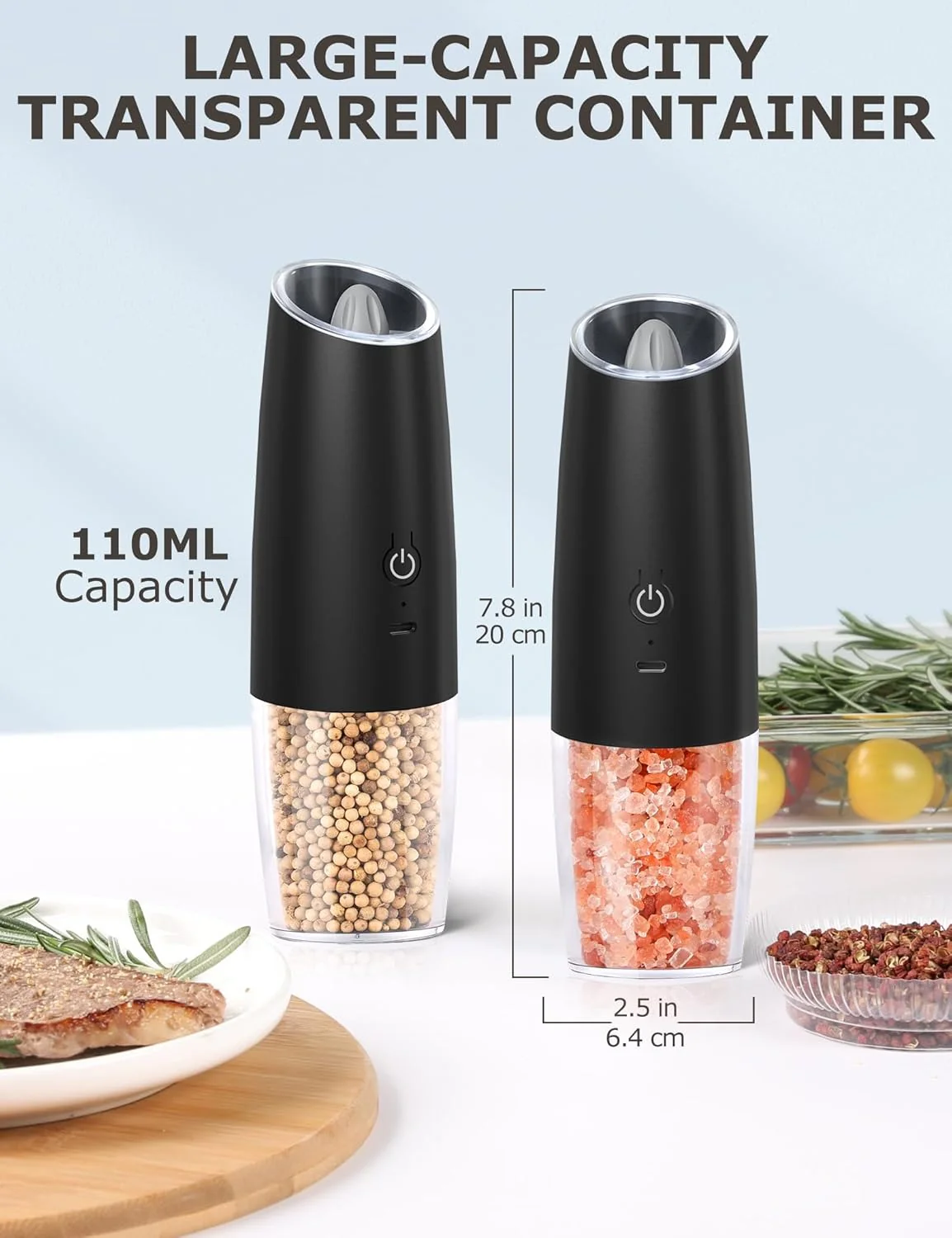 Salt or Pepper Grinder Gravity Electric Salt Grinder Rechageable Battery Powered Pepper Mill Adjustable Grinder Coarseness - Image 3