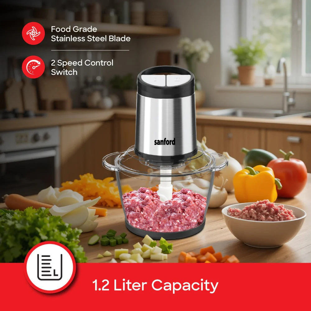 Sanford 1.2L 500W Electric Food Chopper with Glass Bowl and 2-Speed Control - Image 3
