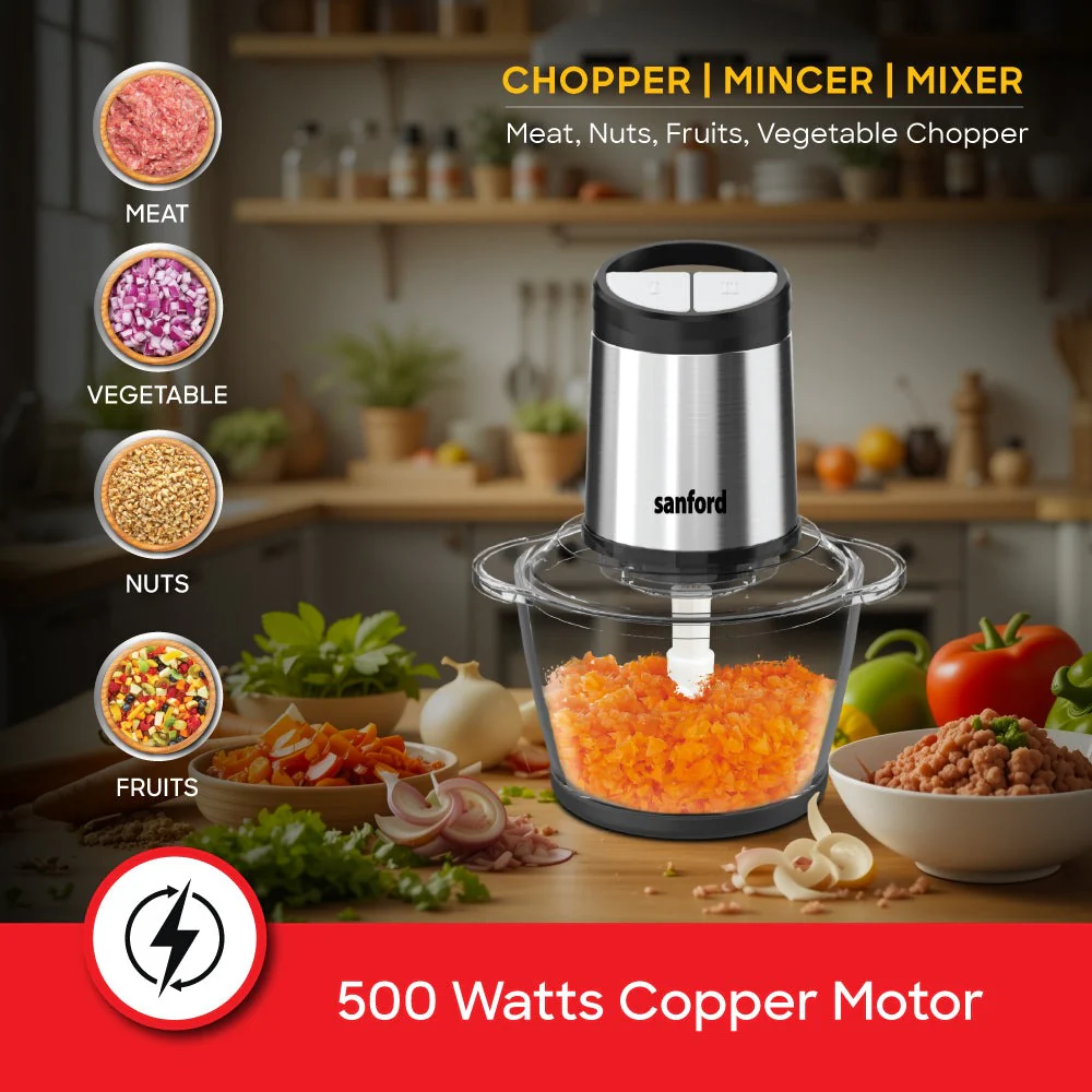 Sanford 1.2L 500W Electric Food Chopper with Glass Bowl and 2-Speed Control - Image 4