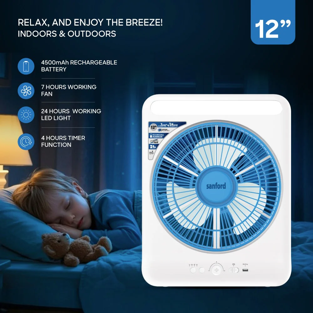 Sanford 12” Rechargeable Box Fan with LED Light and 4500mAh Battery – 3-Speed AC/DC Fan with 24 LEDs and 4H Timer24 LED | Up to 24H Runtime - Image 2