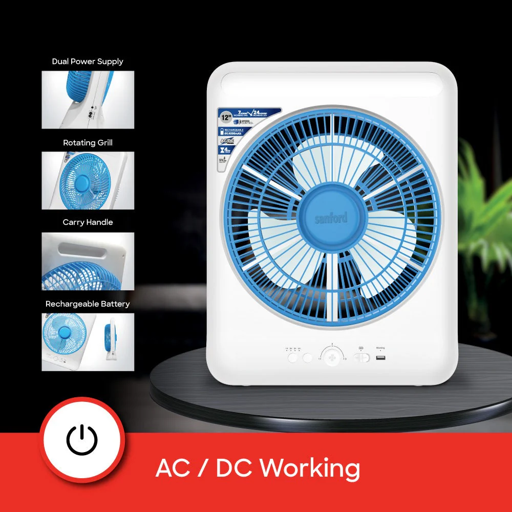 Sanford 12” Rechargeable Box Fan with LED Light and 4500mAh Battery – 3-Speed AC/DC Fan with 24 LEDs and 4H Timer24 LED | Up to 24H Runtime - Image 4