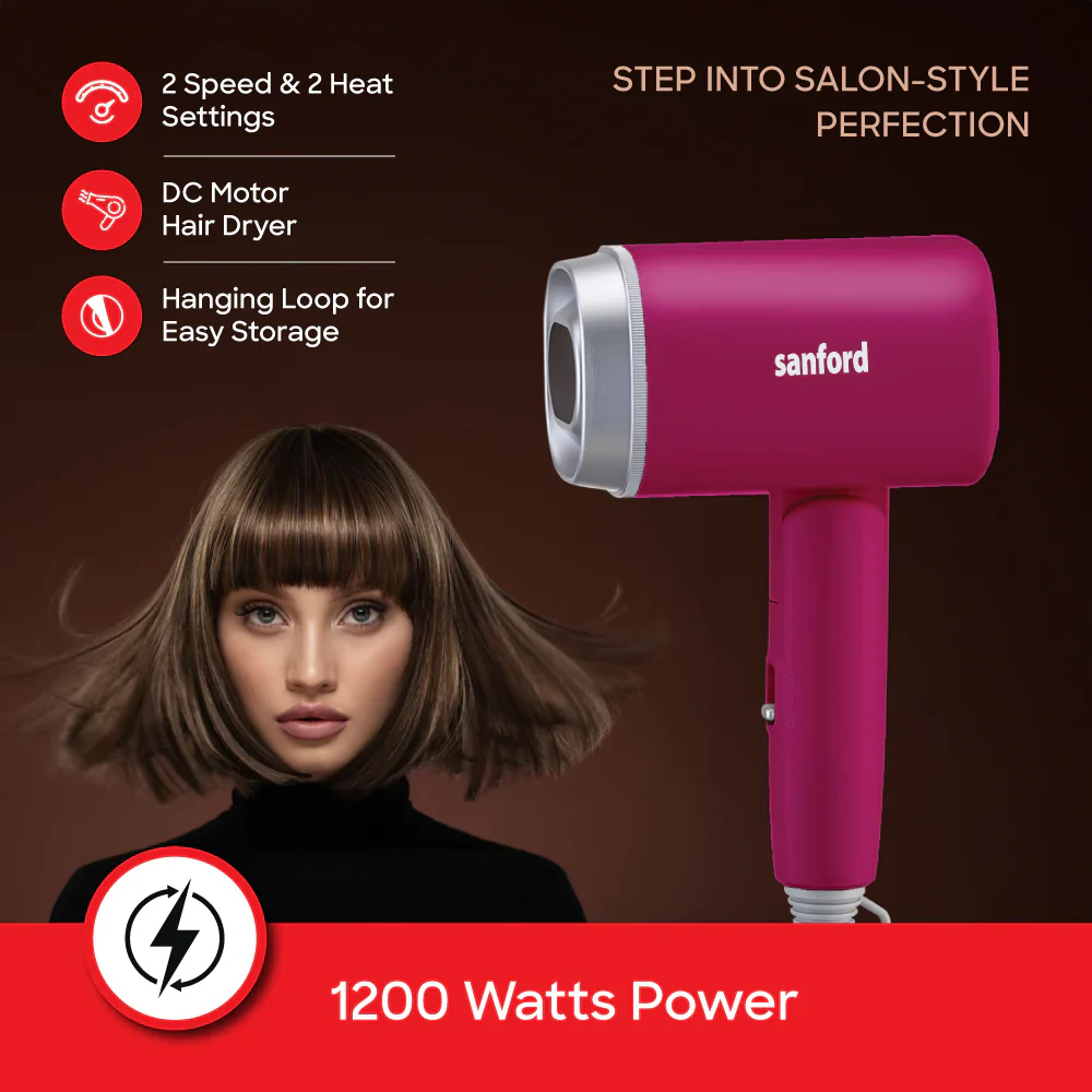 Sanford 1200W Compact Hair Dryer with Foldable Handle | 2 Speed & 2 Heat Settings | DC Motor - Image 3