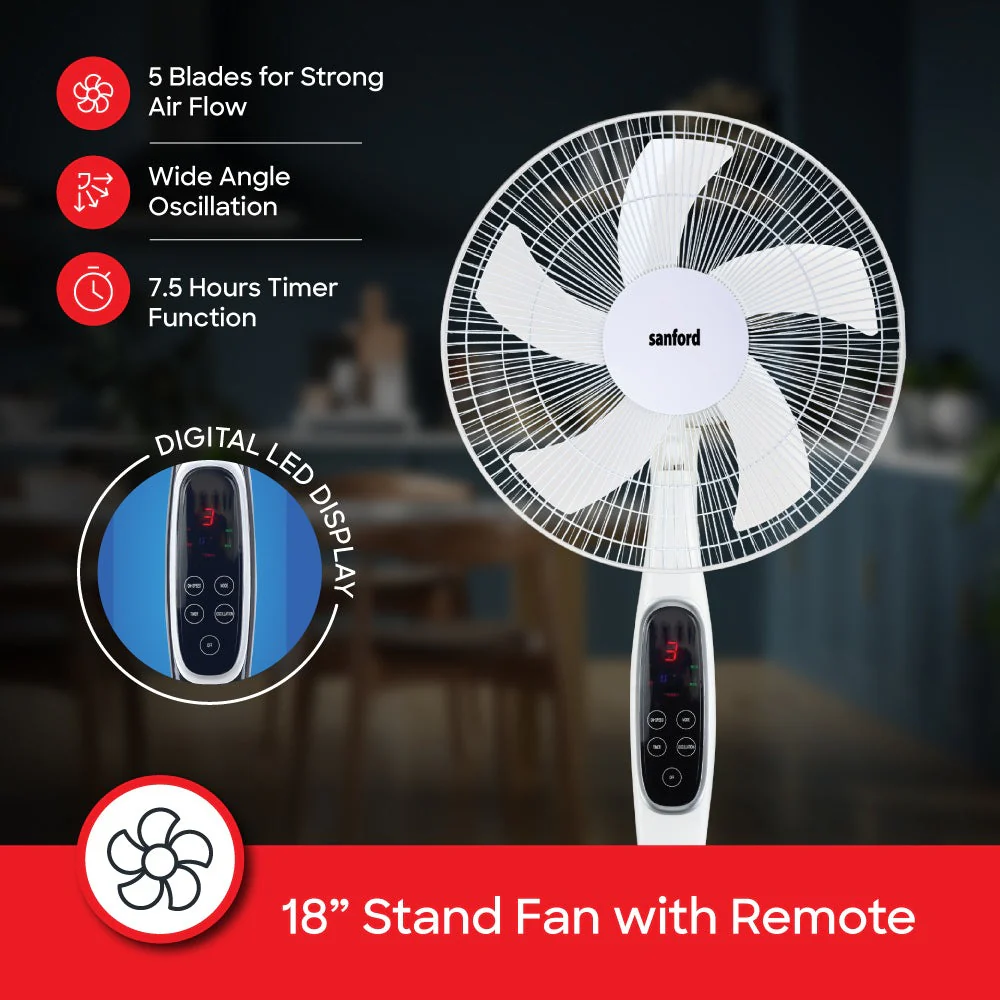 Sanford 18-Inch Stand Fan | 60W Heavy-Duty Motor | LED Display & Remote | 3-Speed | 7-Hour Timer - Image 3