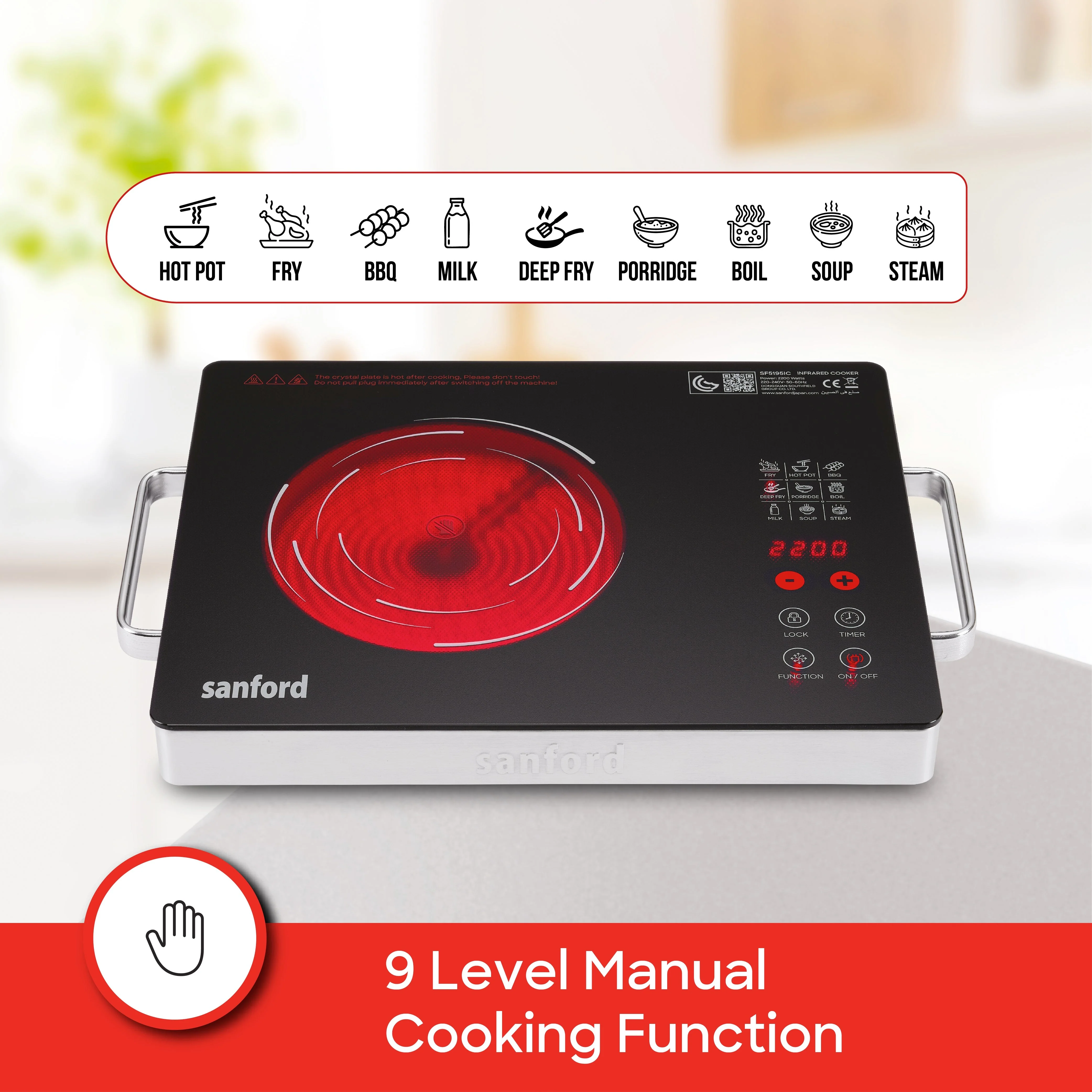 Sanford 2 in 1 Single Burner Infrared Cooker 2200W with BBQ Grill and Timer - Image 5