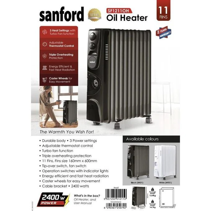 Sanford 2400W Oil Heater with 11 Fins – Fast-Heating Radiator with Thermostat, Overheat Protection & Carry Handle – Safe Room Heater for Bedroom, Office - Image 2