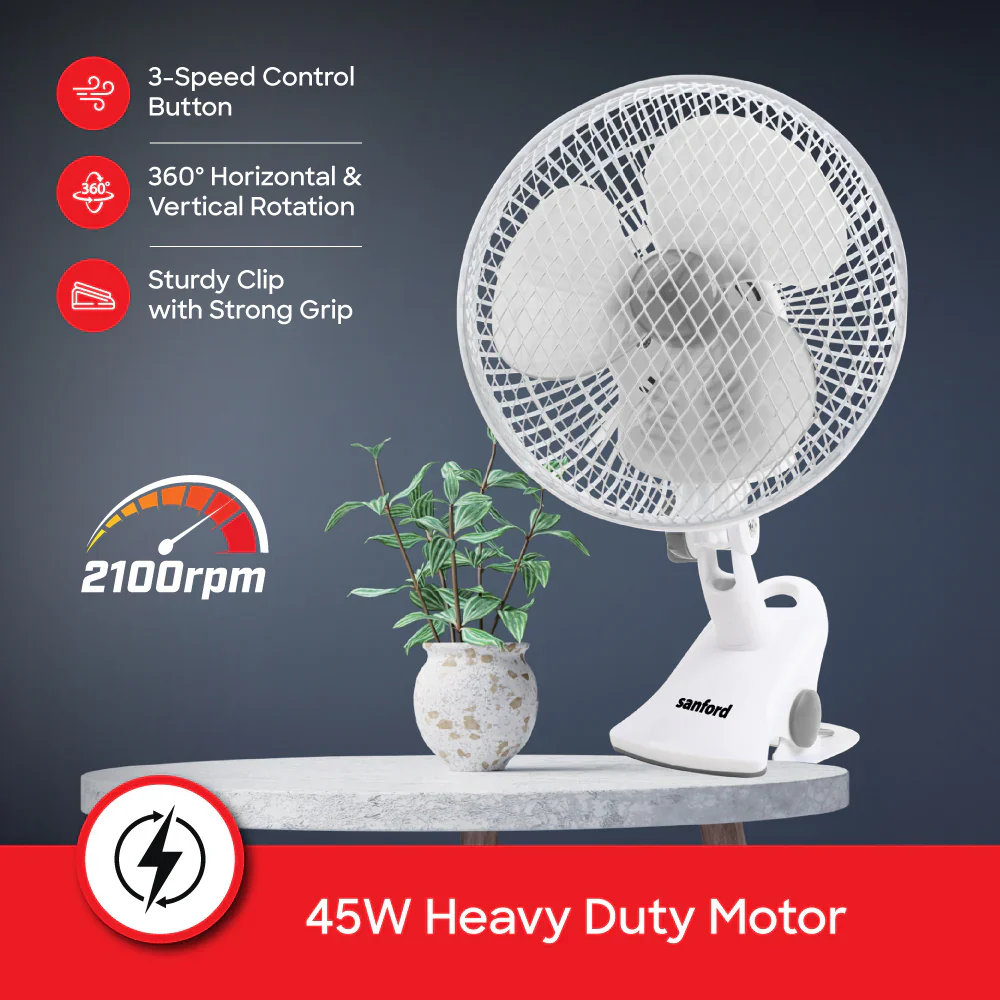 Sanford 3-in-1 Fan – Desk, Clip & Wall Mount | 360° Rotation | 2-Speed Silent Motor | 45W Power - Image 4