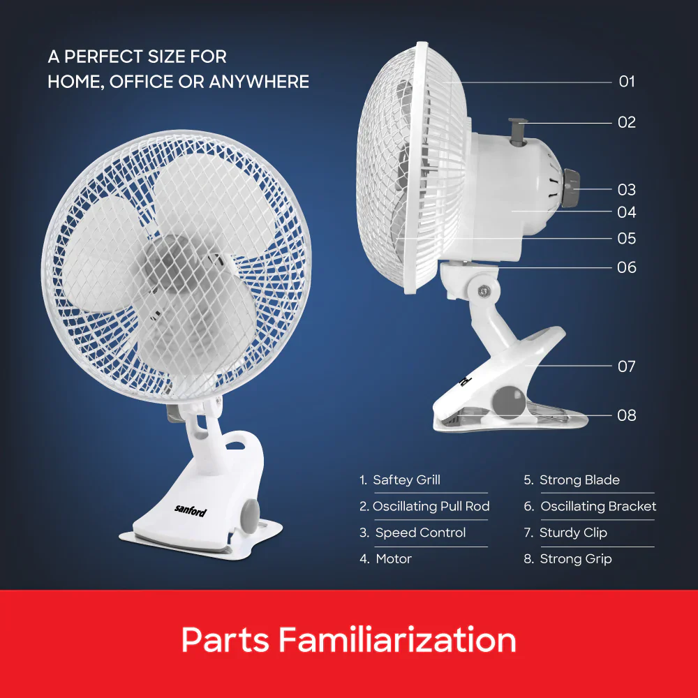 Sanford 3-in-1 Fan – Desk, Clip & Wall Mount | 360° Rotation | 2-Speed Silent Motor | 45W Power - Image 5