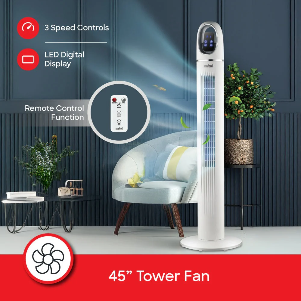 Sanford 45-Inch Tower Fan | Slim Design | 50W Power | LED Touch Display | 3 Speeds | 24H Timer | Remote Control | Wide Oscillation | Detachable Base | Quiet Operation - Image 3