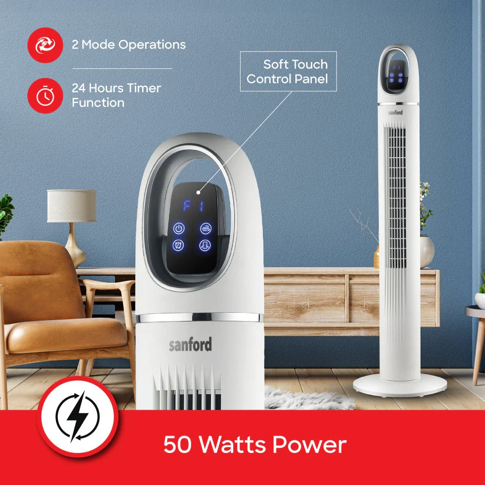 Sanford 45-Inch Tower Fan | Slim Design | 50W Power | LED Touch Display | 3 Speeds | 24H Timer | Remote Control | Wide Oscillation | Detachable Base | Quiet Operation - Image 4