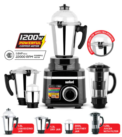 Sanford 5-in-1 Mixer Grinder | 1200W | 3 Stainless Steel Jars + Juicer Jar | ABS Body | 3 Speed Control | Overload Protectio - Image 2