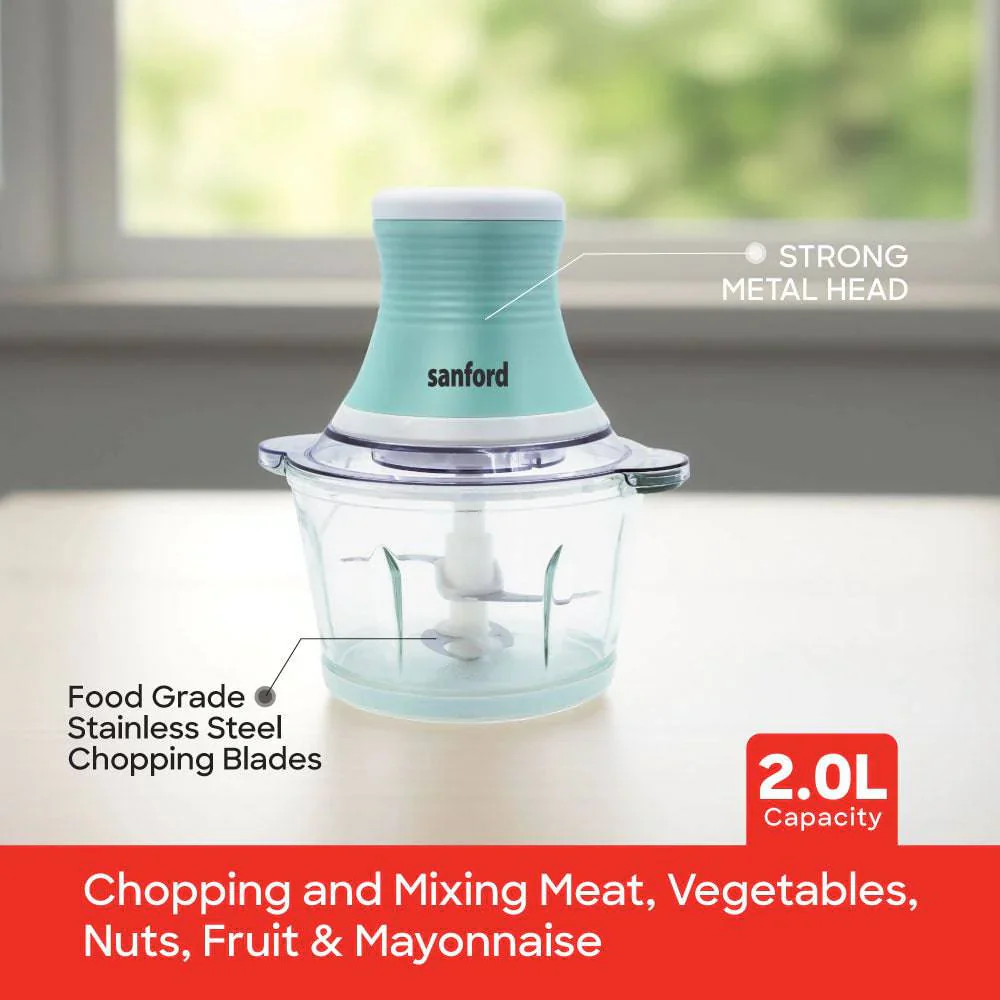 Sanford 500W Multi-Function Chopper & Mixer with 2L Glass Bowl and Stainless Steel Blades - Image 2