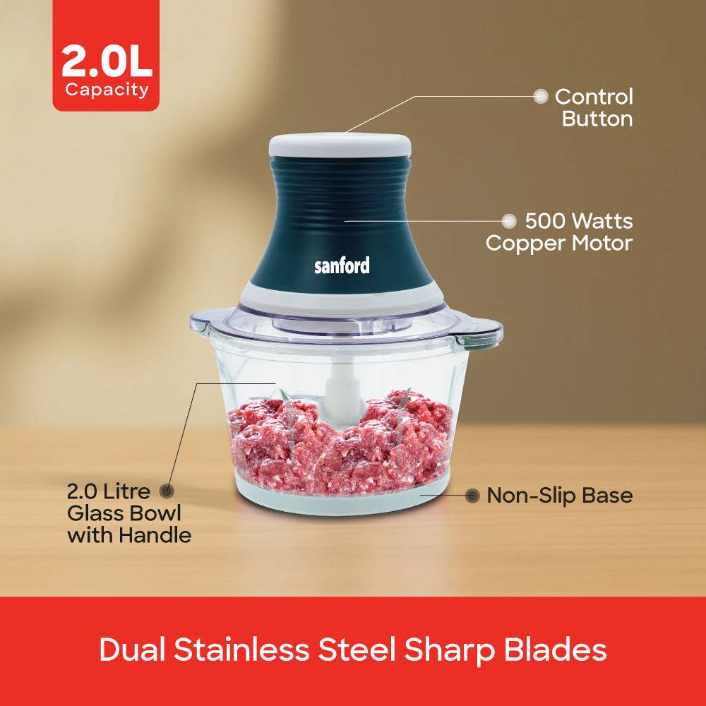 Sanford 500W Multi-Function Chopper & Mixer with 2L Glass Bowl and Stainless Steel Blades - Image 4