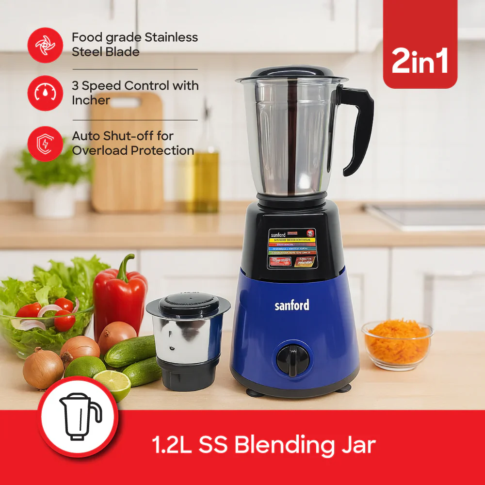 Sanford 550W Mixer Grinder | 1.2L Blending Jar & 0.4L Chutney Jar | 3-Speed Control | Stainless Steel Blades - Image 3