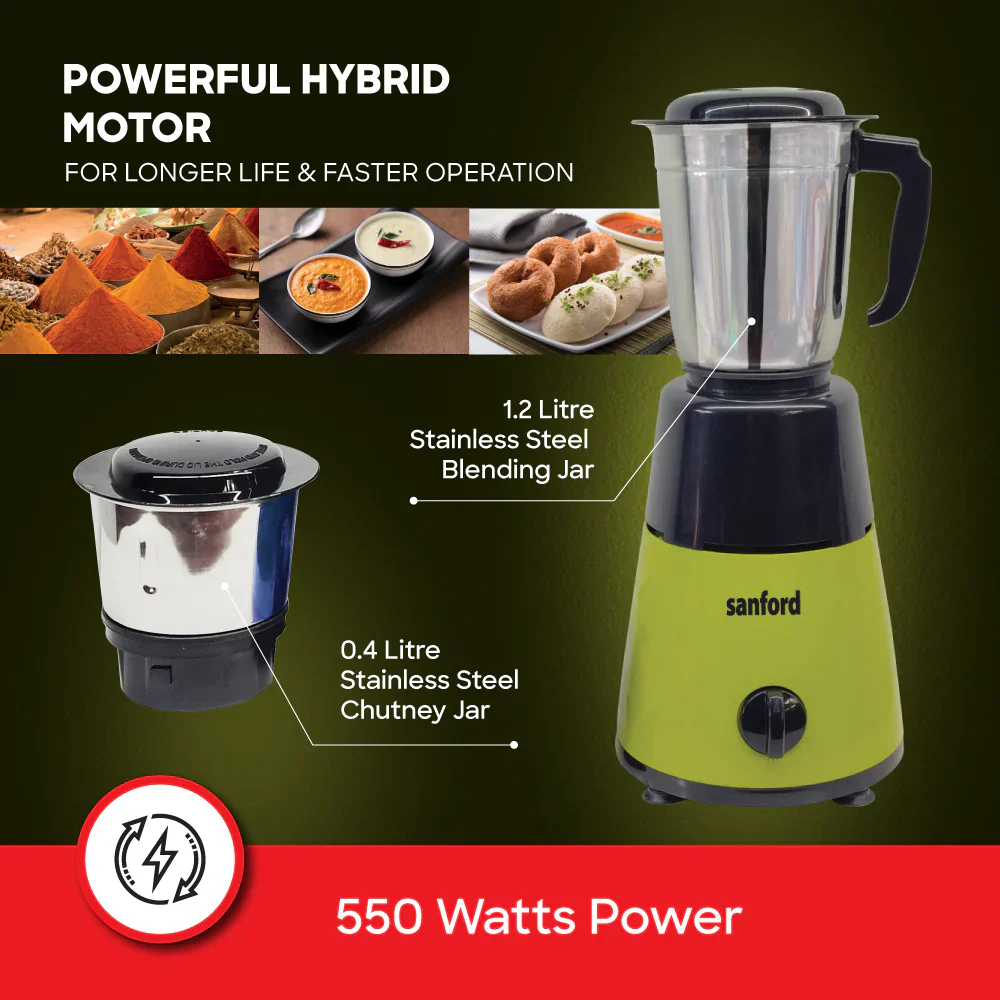 Sanford 550W Mixer Grinder | 1.2L Blending Jar & 0.4L Chutney Jar | 3-Speed Control | Stainless Steel Blades - Image 4