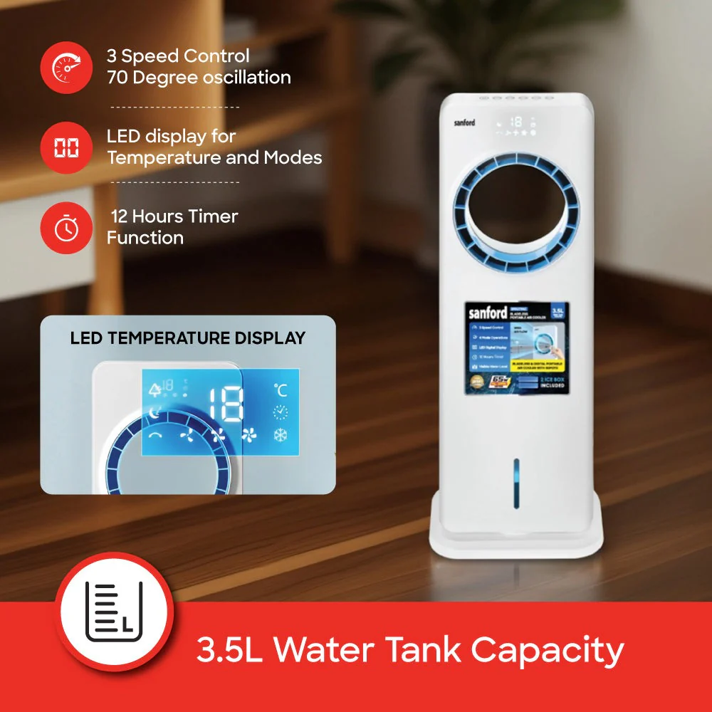 Sanford Bladeless Air Cooler 3.5L Tank 4 Wind Modes 70° Oscillation Remote Control 2 Year Warranty - Image 3