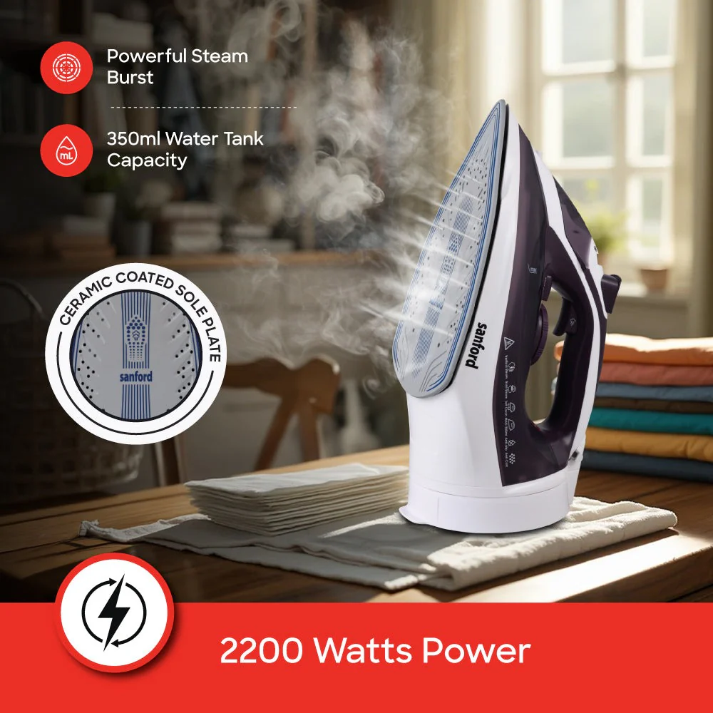 Sanford Cordless Steam Iron Box | 2200W | 360° Easy Dock | Ceramic Soleplate | 350ml Tank | 5 Steam Modes - Image 4