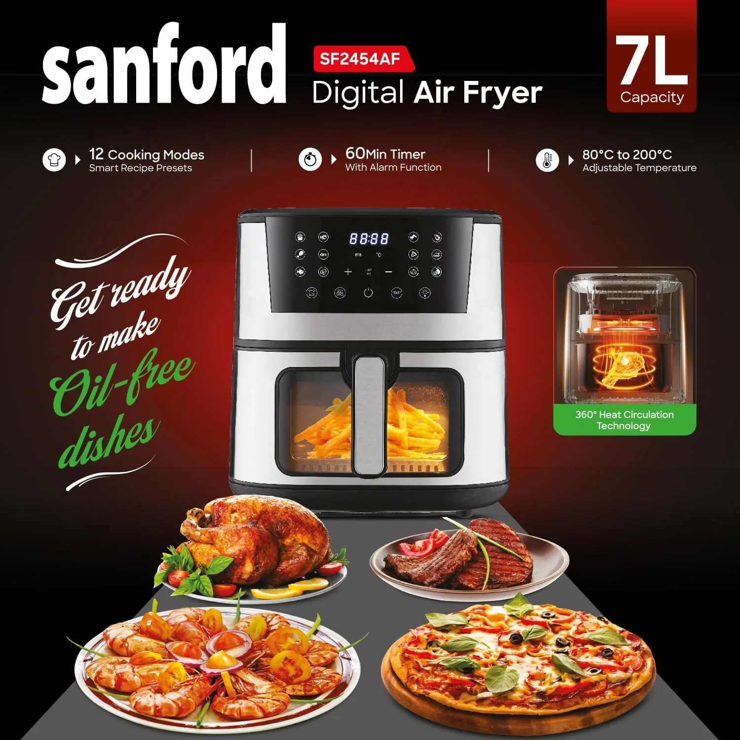 Sanford Digital Non Stick Air Fryer, 1700W, 7L, Touch Control Panel, 12 Presets Modes, Oil Free Cooking, Advanced Vortex Technology, Adjustable Temperature and Timer, Auto Shutoff and Alarm - Image 3