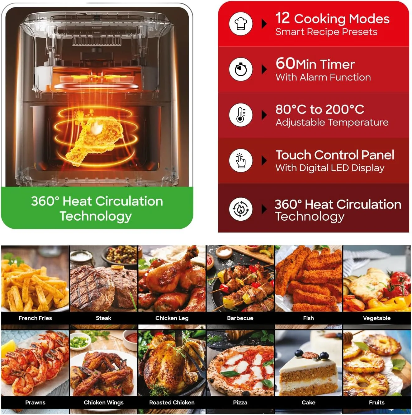 Sanford Digital Non Stick Air Fryer, 1700W, 7L, Touch Control Panel, 12 Presets Modes, Oil Free Cooking, Advanced Vortex Technology, Adjustable Temperature and Timer, Auto Shutoff and Alarm - Image 4