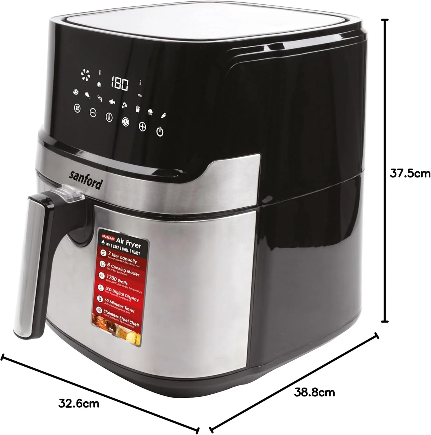 Sanford Digital Non Stick Air Fryer, 1700W, 7L, Touch Control Panel, 12 Presets Modes, Oil Free Cooking, Advanced Vortex Technology, Adjustable Temperature and Timer, Auto Shutoff and Alarm - Image 6