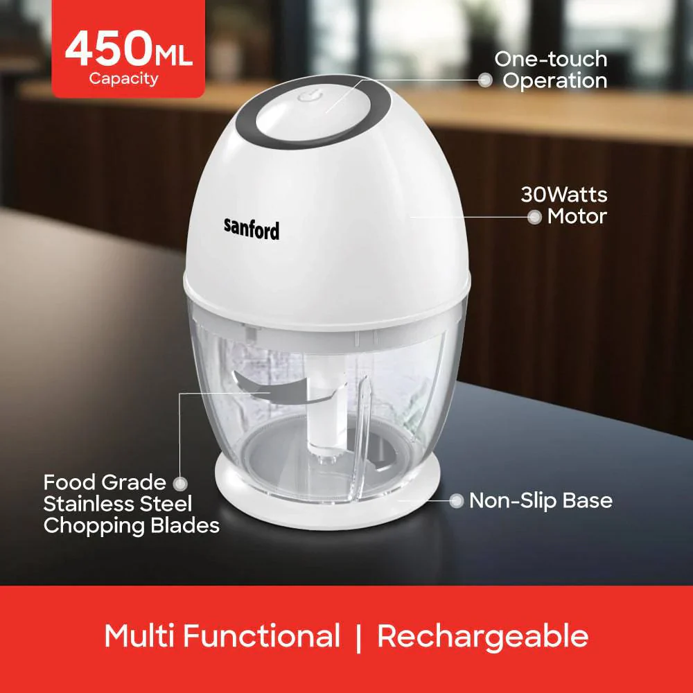 Sanford Rechargeable Food Chopper | 450ml Bowl | Type-C Charging | SS304 Stainless Steel Blades | 1200mAh Battery - Image 2