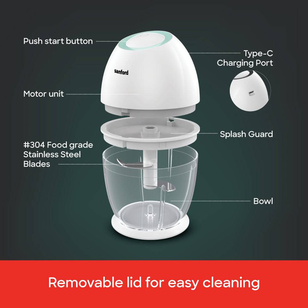 Sanford Rechargeable Food Chopper | 450ml Bowl | Type-C Charging | SS304 Stainless Steel Blades | 1200mAh Battery - Image 4