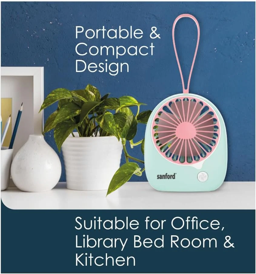 SANFORD Rechargeable Mini Fan USB Powered, 2400mAh Li-ion Battery, 6-Hour Run Time, 3-Speed Quiet Operation, Portable Desktop Fan with Overcharge Protection - Image 3