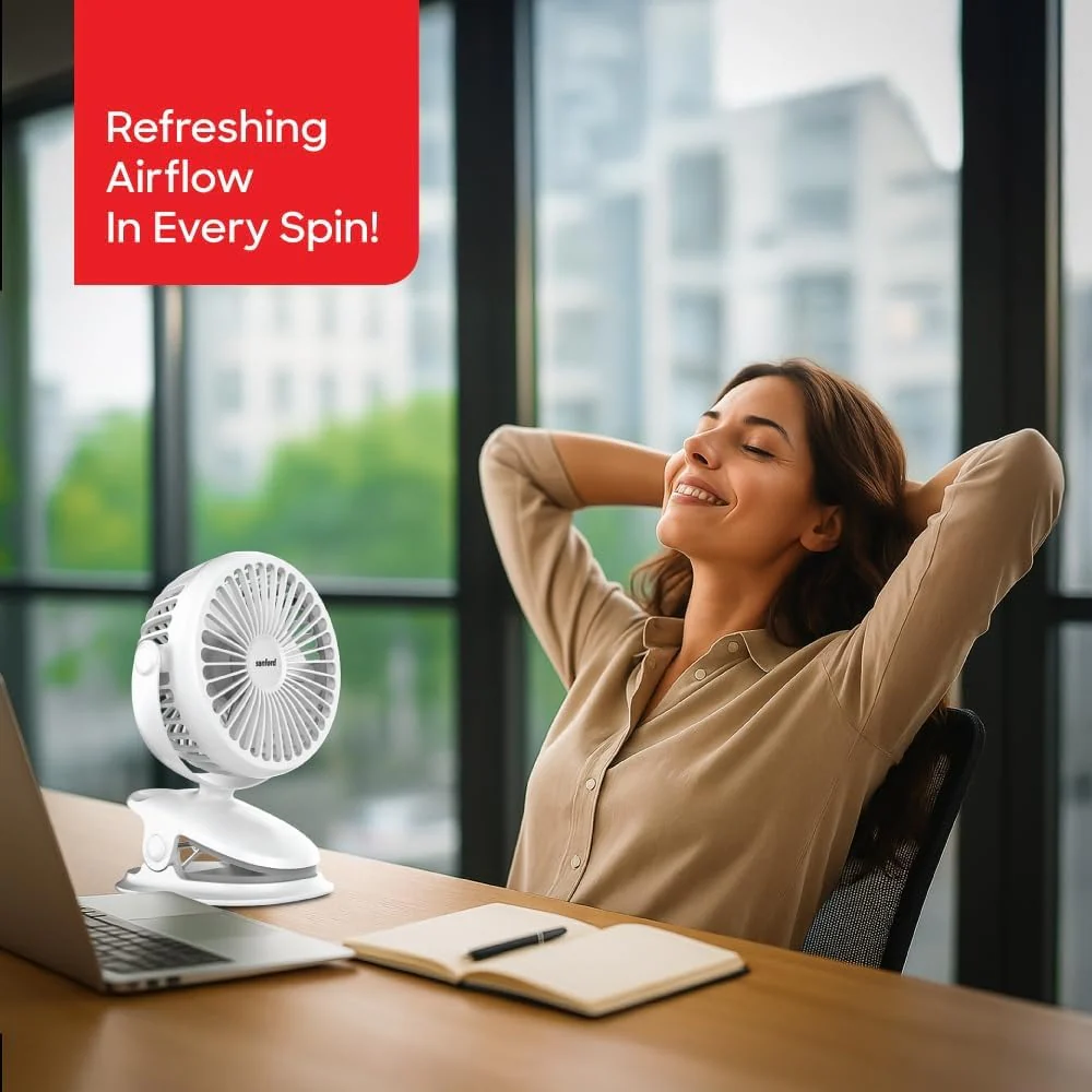 SANFORD Rechargeable Portable Clip Fan – 2000mAh Battery, 5Hr Run Time, 3-Speed, 360° Rotation, Strong Grip Clip, USB Charging - Image 2