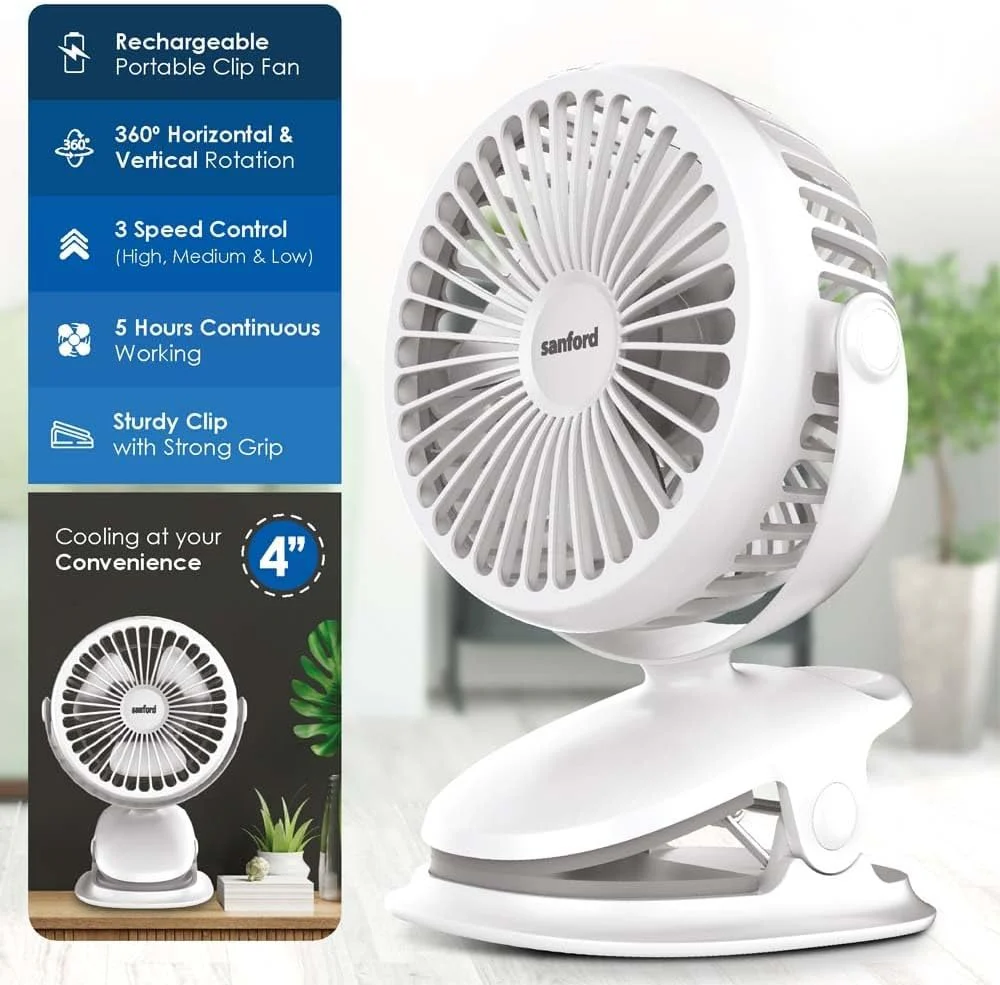SANFORD Rechargeable Portable Clip Fan – 2000mAh Battery, 5Hr Run Time, 3-Speed, 360° Rotation, Strong Grip Clip, USB Charging - Image 3
