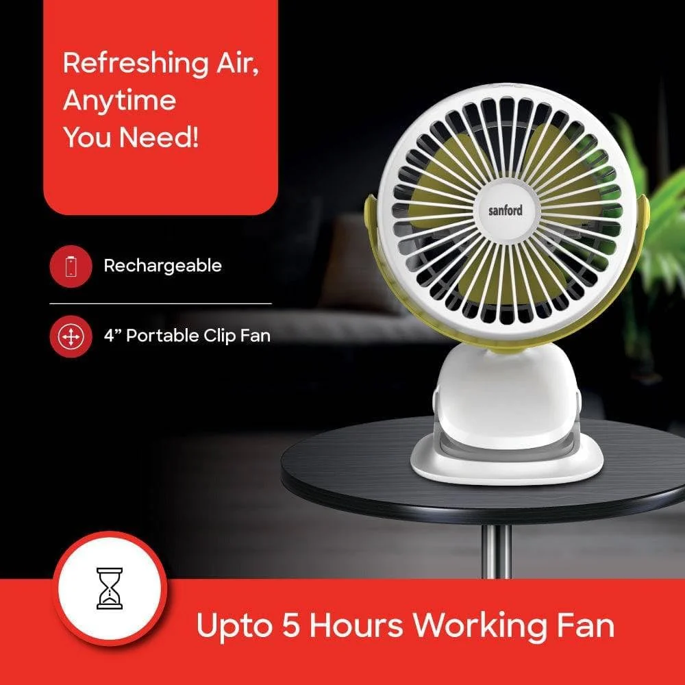 SANFORD Rechargeable Portable Clip Fan – 2000mAh Battery, 5Hr Run Time, 3-Speed, 360° Rotation, Strong Grip Clip, USB Charging - Image 4