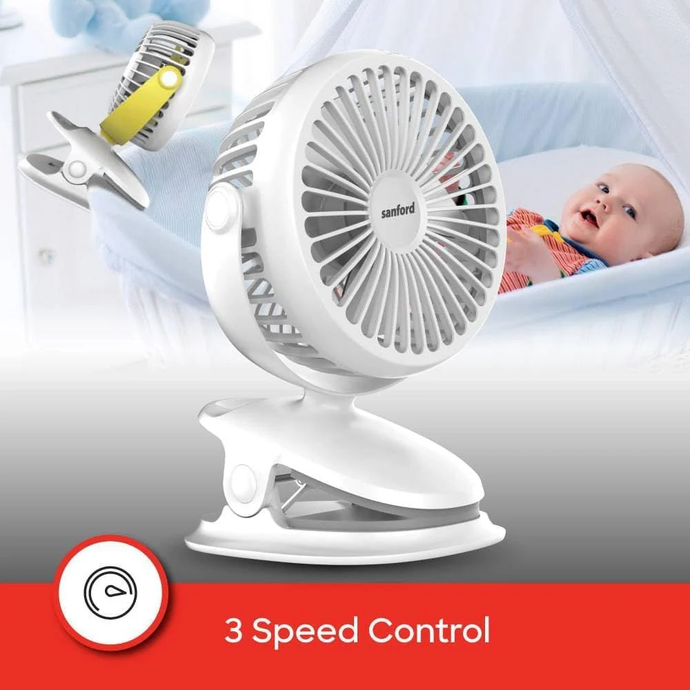 SANFORD Rechargeable Portable Clip Fan – 2000mAh Battery, 5Hr Run Time, 3-Speed, 360° Rotation, Strong Grip Clip, USB Charging - Image 6