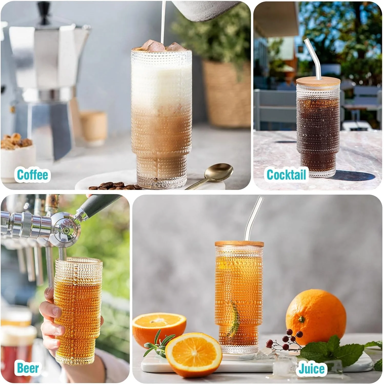 Set of 4 Cocktail Glasses, 350 ml Polka Dot Long Drink Glasses with Lid, Iced Coffee Glasses with 4 Straws / 1 Brush for Water, Cocktails, Juice, Transparent - Image 2