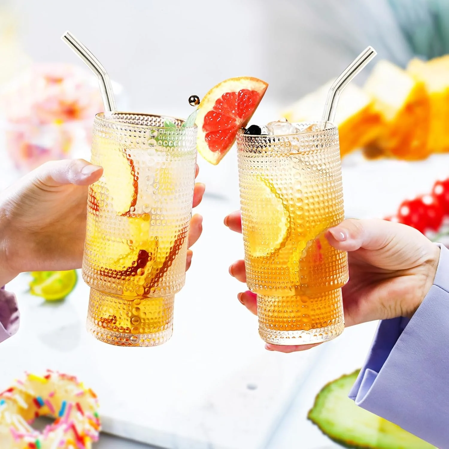 Set of 4 Cocktail Glasses, 350 ml Polka Dot Long Drink Glasses with Lid, Iced Coffee Glasses with 4 Straws / 1 Brush for Water, Cocktails, Juice, Transparent - Image 3