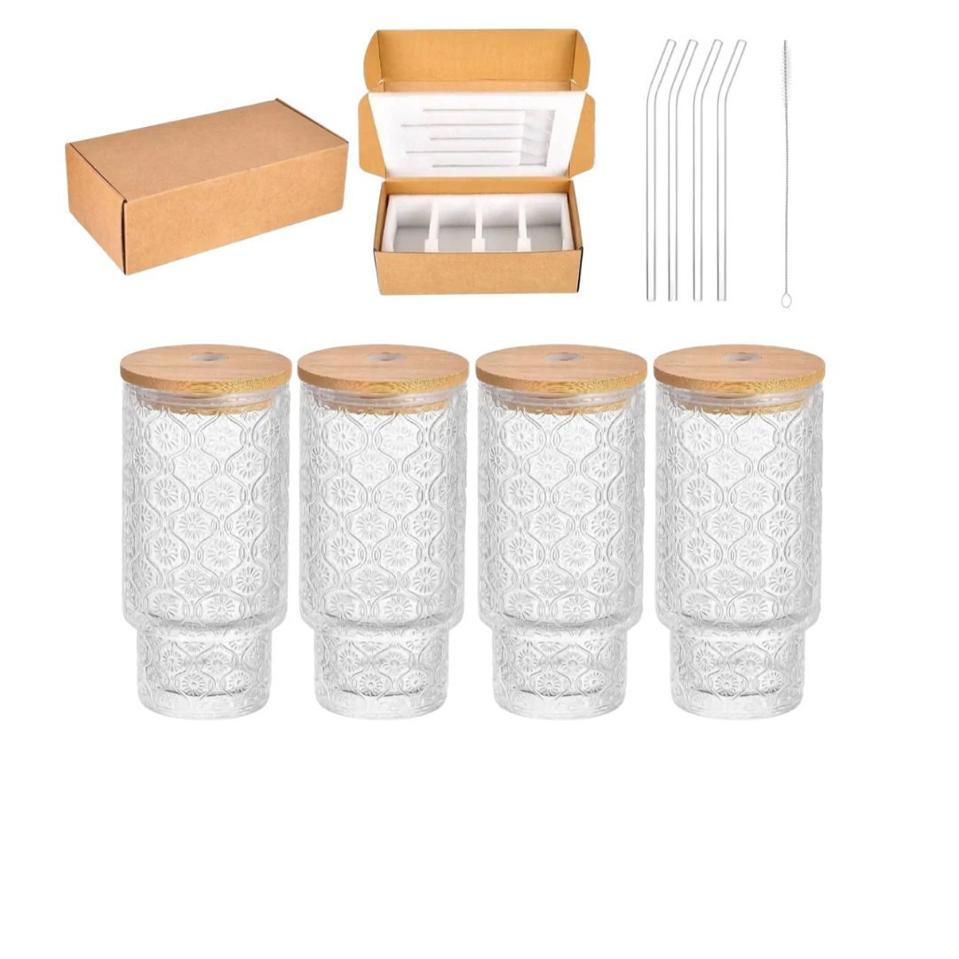 Set of 4 Ribbed Juice Glasses with Bamboo Lids & Straws – 330ml Crystal Highball Cups - Image 2