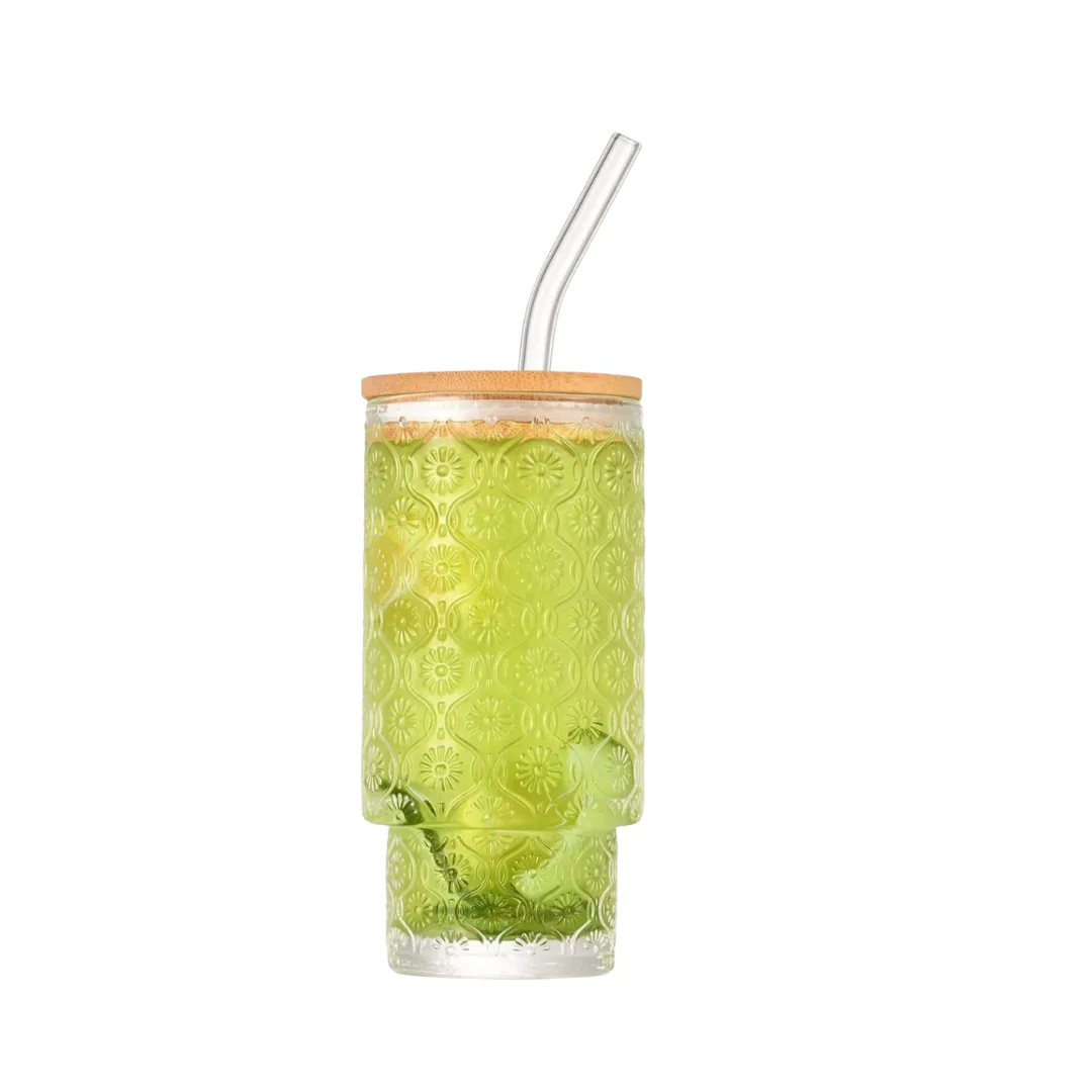 Set of 4 Ribbed Juice Glasses with Bamboo Lids & Straws – 330ml Crystal Highball Cups - Image 3