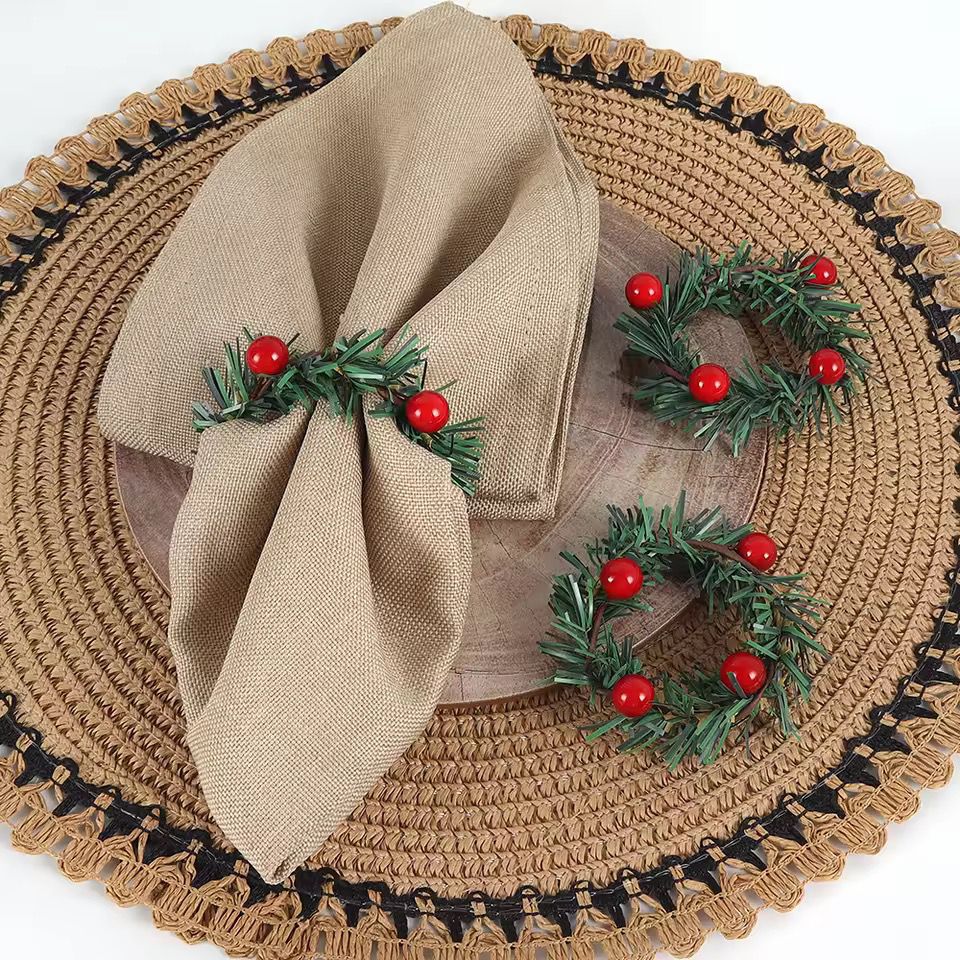 Set of 6pcs Christmas Red Fruit PVC Pine Needle Napkin Ring Holder - Image 3