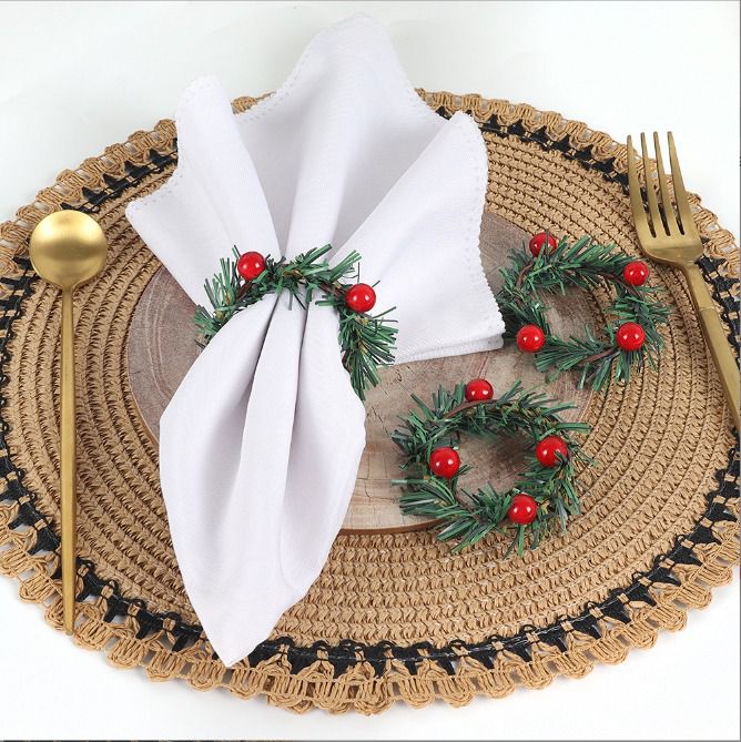 Set of 6pcs Christmas Red Fruit PVC Pine Needle Napkin Ring Holder - Image 5