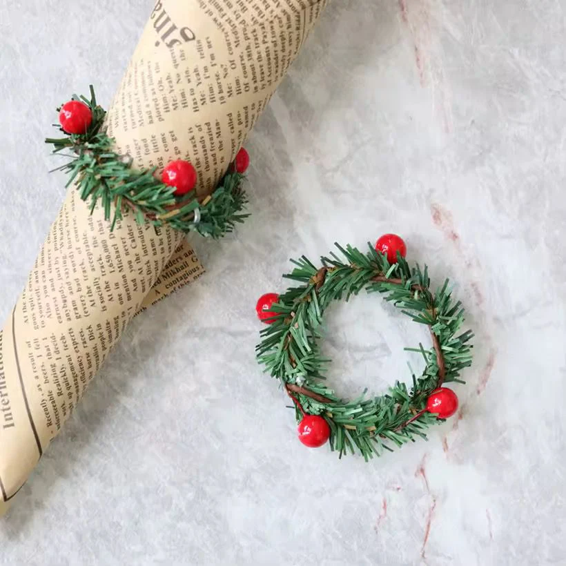 Set of 6pcs Christmas Red Fruit PVC Pine Needle Napkin Ring Holder - Image 6