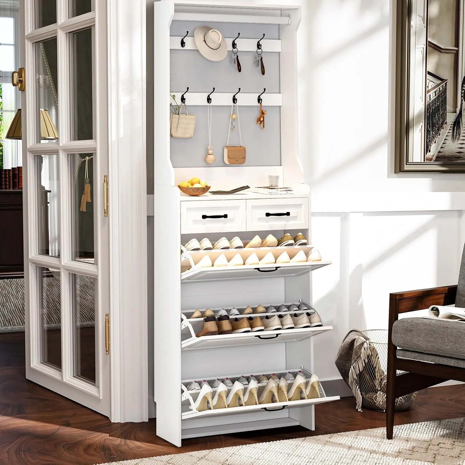 Shoe Cabinet for Entryway,Narrow Shoe Storage Organizer Cabinet with 3 Doors 2 Drawers,White Flip Down Shoe Rack with Hooks,Wood Entry Shoe Cabinet for Living Room,Hallway - Image 3
