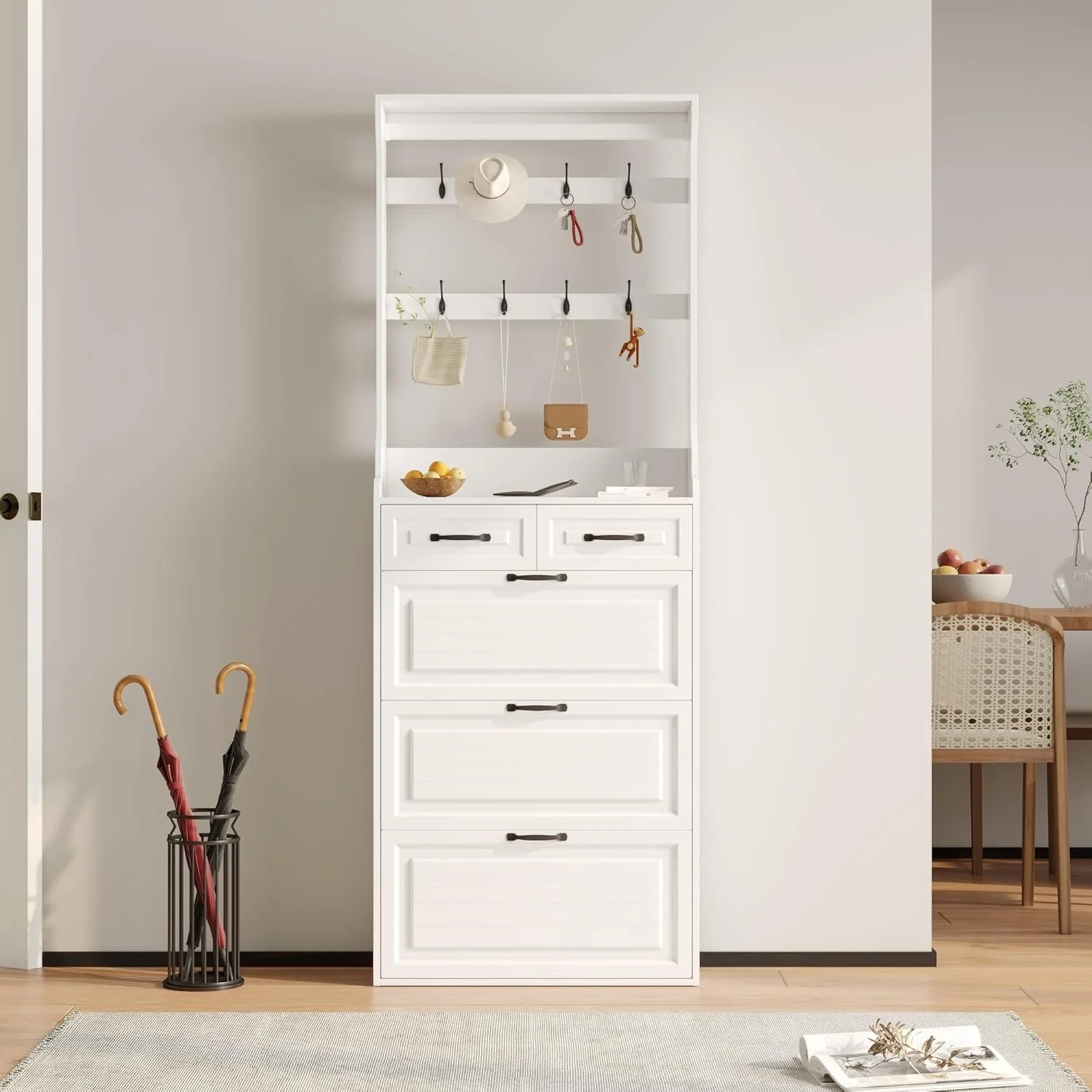Shoe Cabinet for Entryway,Narrow Shoe Storage Organizer Cabinet with 3 Doors 2 Drawers,White Flip Down Shoe Rack with Hooks,Wood Entry Shoe Cabinet for Living Room,Hallway - Image 4