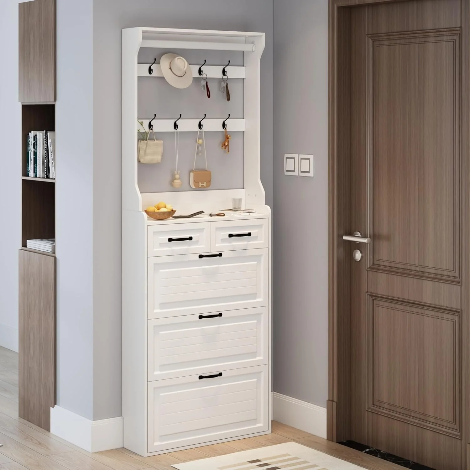 Shoe Cabinet for Entryway,Narrow Shoe Storage Organizer Cabinet with 3 Doors 2 Drawers,White Flip Down Shoe Rack with Hooks,Wood Entry Shoe Cabinet for Living Room,Hallway - Image 5