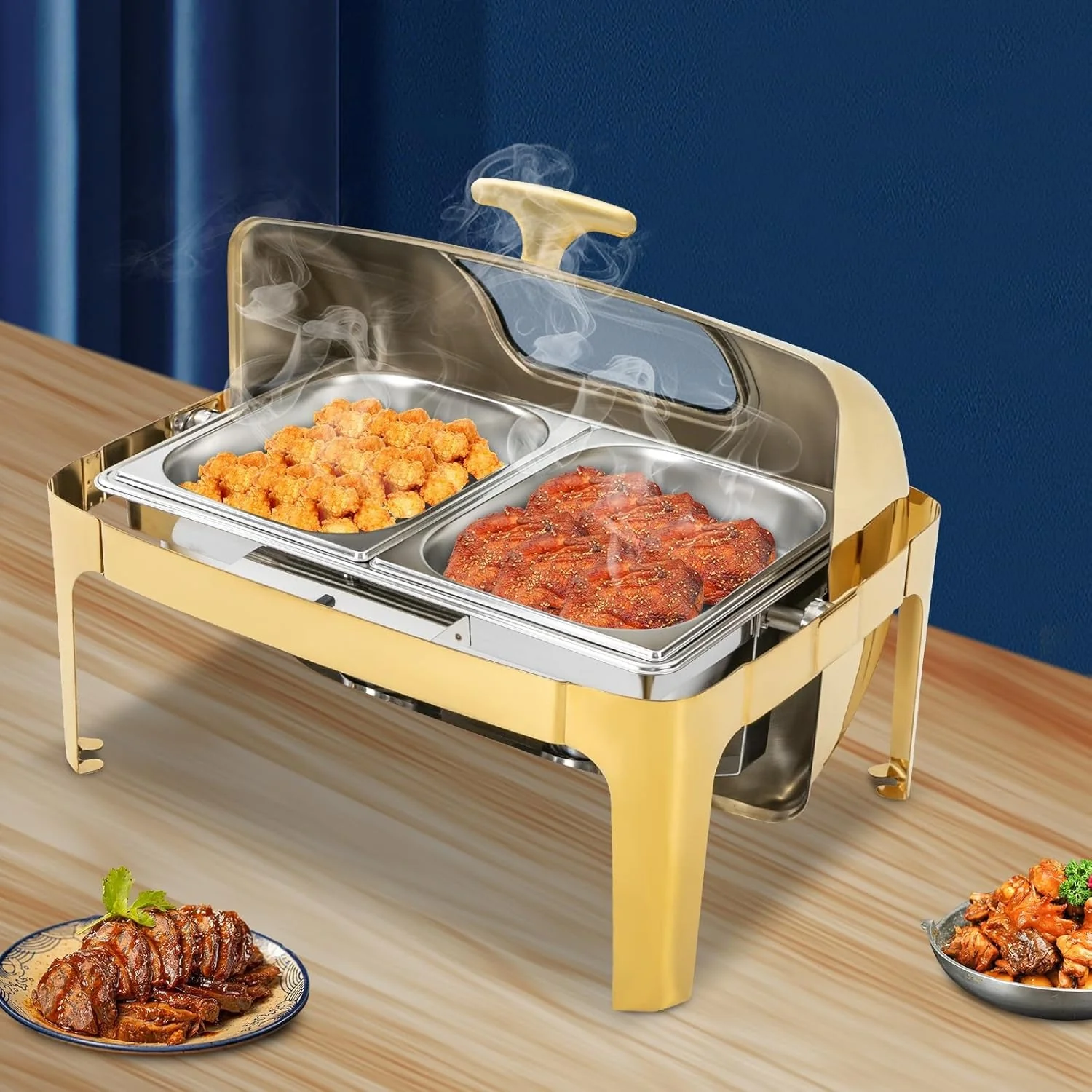 Signature 6L Gold Rolltop Chafing Dish with Glass Window – Elegant Buffet Food Warmer - Image 4