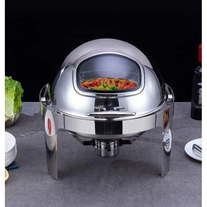 Signature 6L Round Rolltop Silver Chafing Dish with Glass Window – Buffet Food Warmer - Image 2