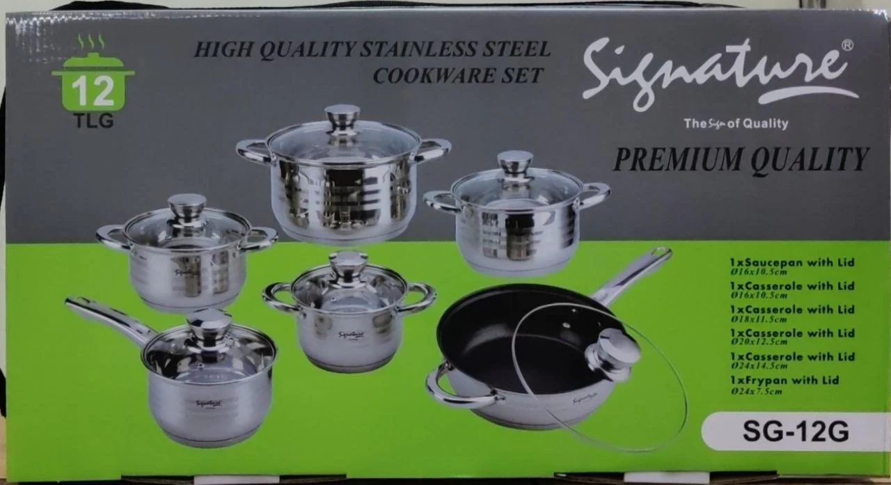 Signature Stainless Steel 12pcs Cookware Set With Induction Base With Glass Lids and Nonstick Pan - Image 3