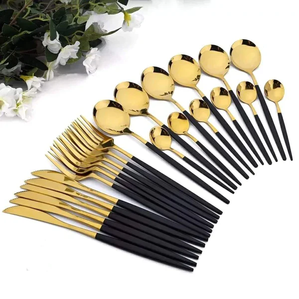 24PCS Cutlery Set Stainless Steel Cutlery Complete Tableware Set Fork Knives Spoon Round Handle Dinnerware Set - Image 10